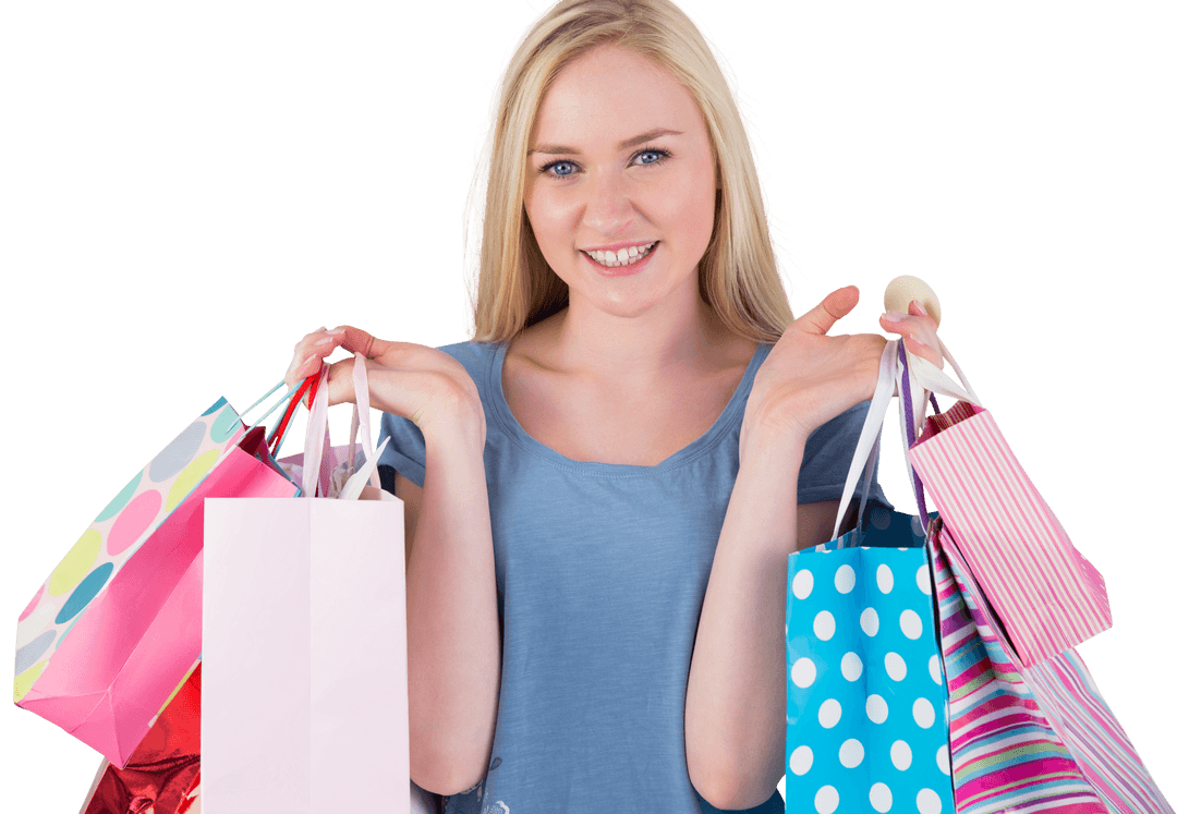 Blonde Woman Smiling with Colorful Shopping Bags - Transparent Background