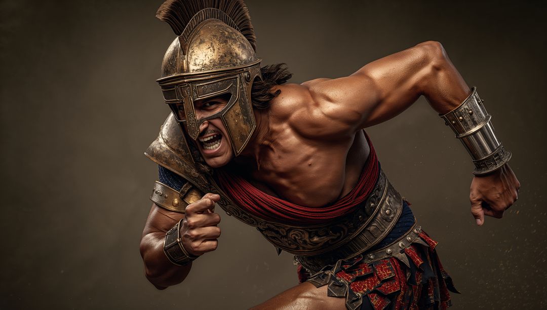 Charging Spartan Warrior Roaring into Battle with Bronze Helmet and Muscular Armor