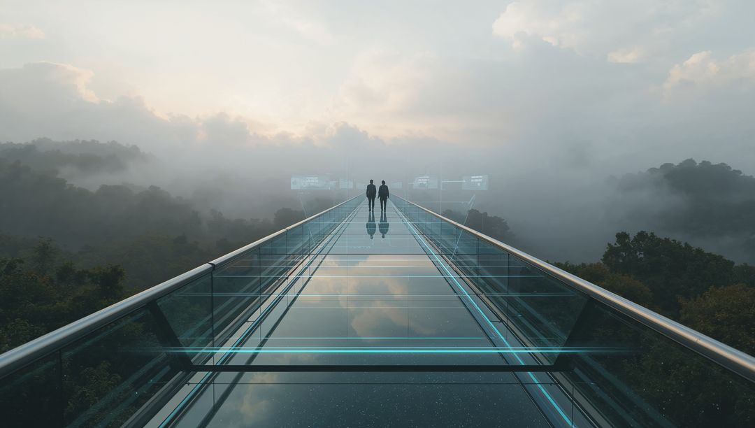 Walking into Mist on Futuristic Glass Skywalk Over Foggy Forest at Sunrise