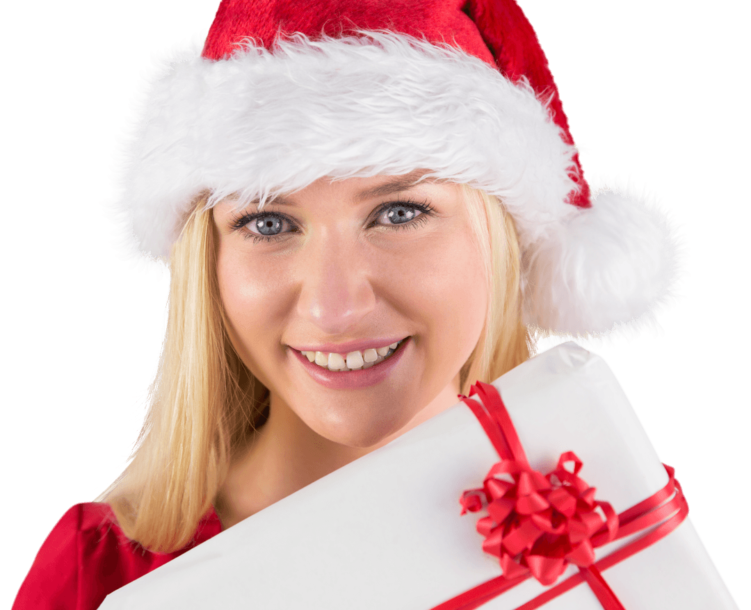 Smiling Woman in Santa Hat Holding Wrapped Gift with Transparent Background