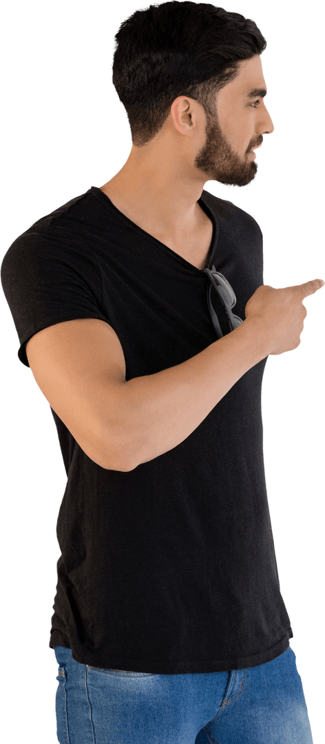 Confident Hispanic Man Pointing on Transparent Background