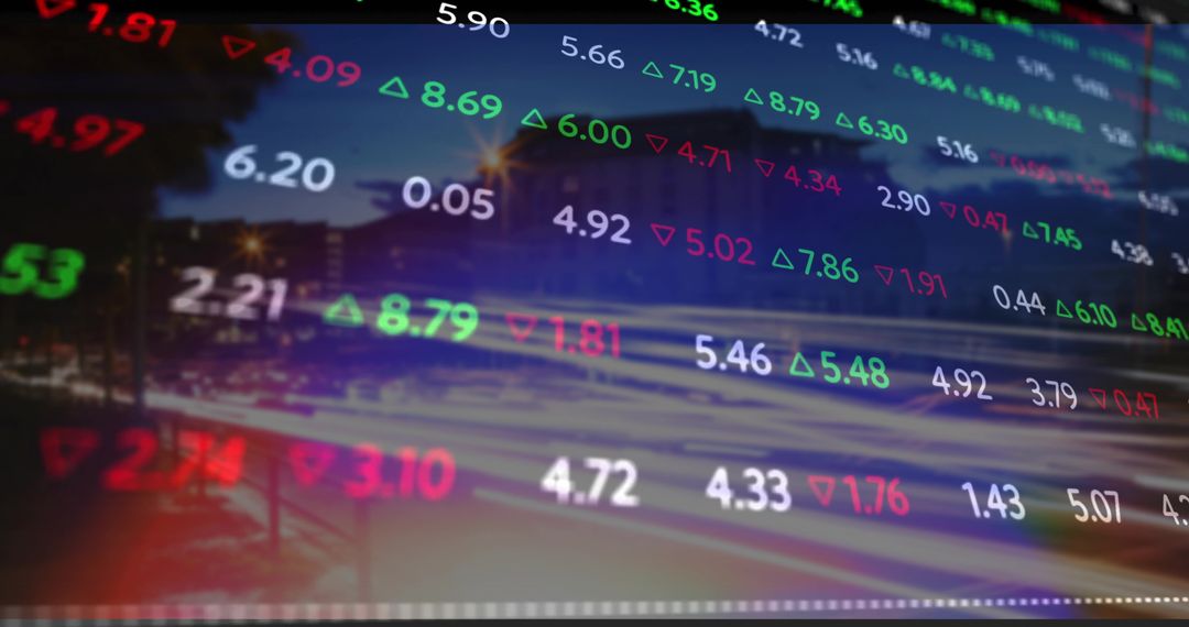 Digital Stock Market Data Overlaying Night Cityscape
