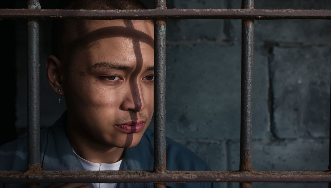 Solitary Reflection of Inmate Behind Rusty Prison Bars