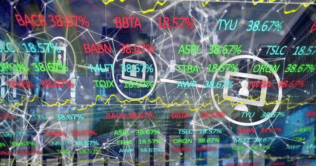 Digital Network with Stock Market Data Overlaying Urban Cityscape