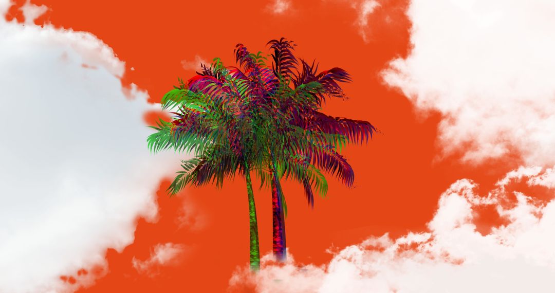 Colorful Abstract Palm Trees with Clouds on Vibrant Orange