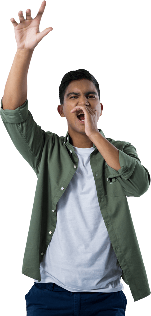 Transparent Yelling Young Man Raising Hand Confidently