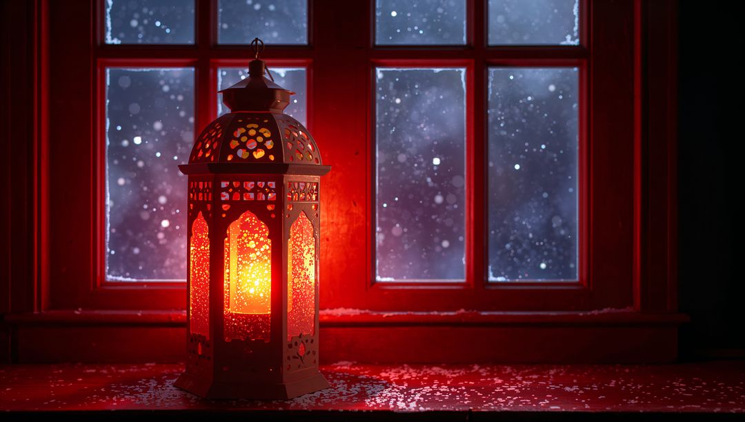 Glowing ornate lantern casting warm light on red windowsill with falling snow
