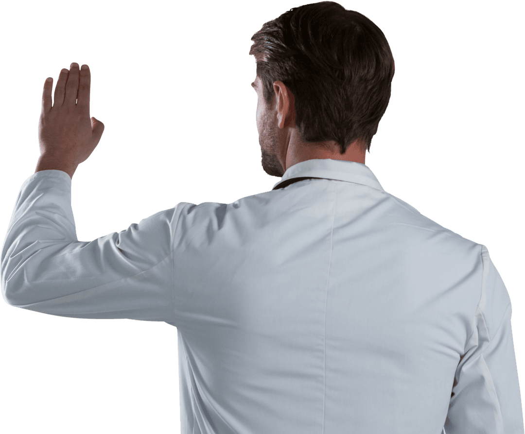 Rear View of Male Doctor Using Transparent Digital Interface