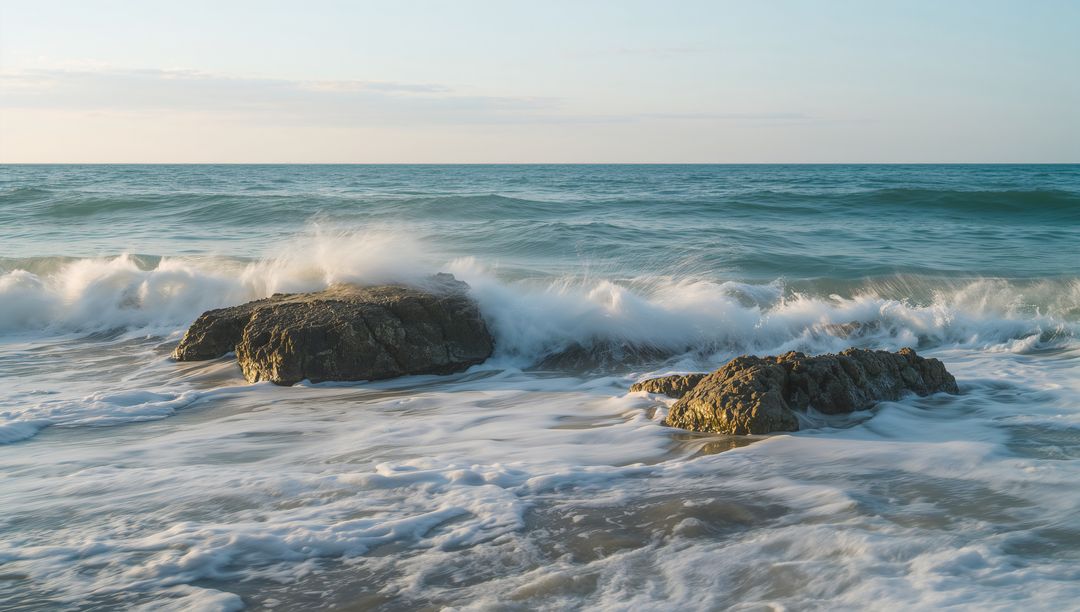 Waves Crashing Over Rocky Outcrops on Golden Hour Shoreline with Sea Foam Swirling