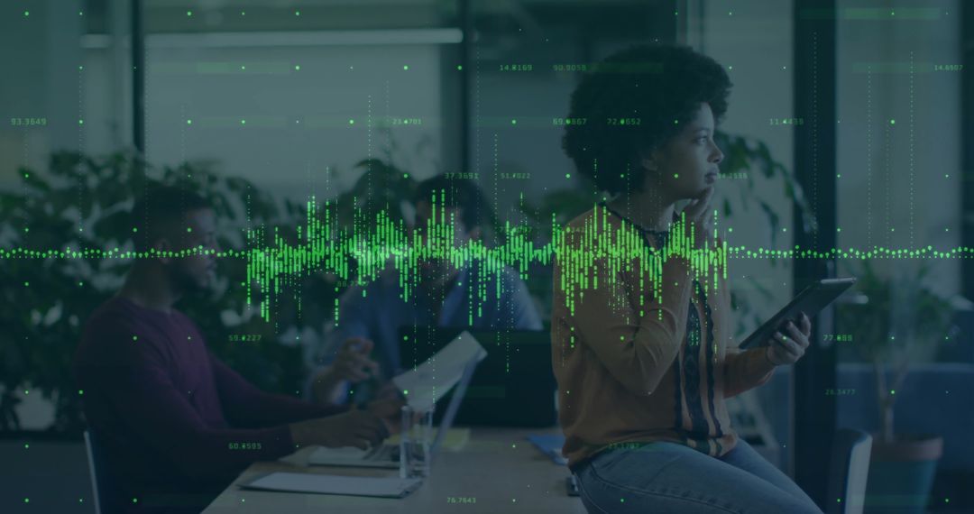 Business Professionals Analyzing Data with Digital Waveform Overlay