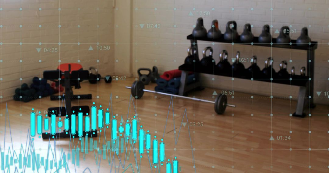 Kettlebell rack and loaded barbell featuring fitness analytics overlay in studio gym