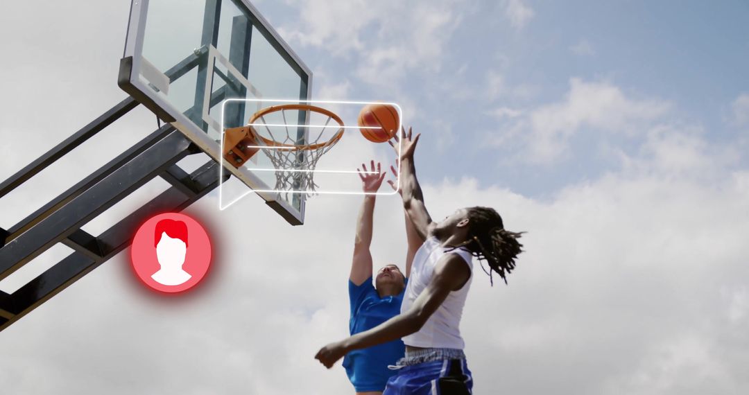 Dynamic Outdoor Basketball Scene with Competing Players and Icons