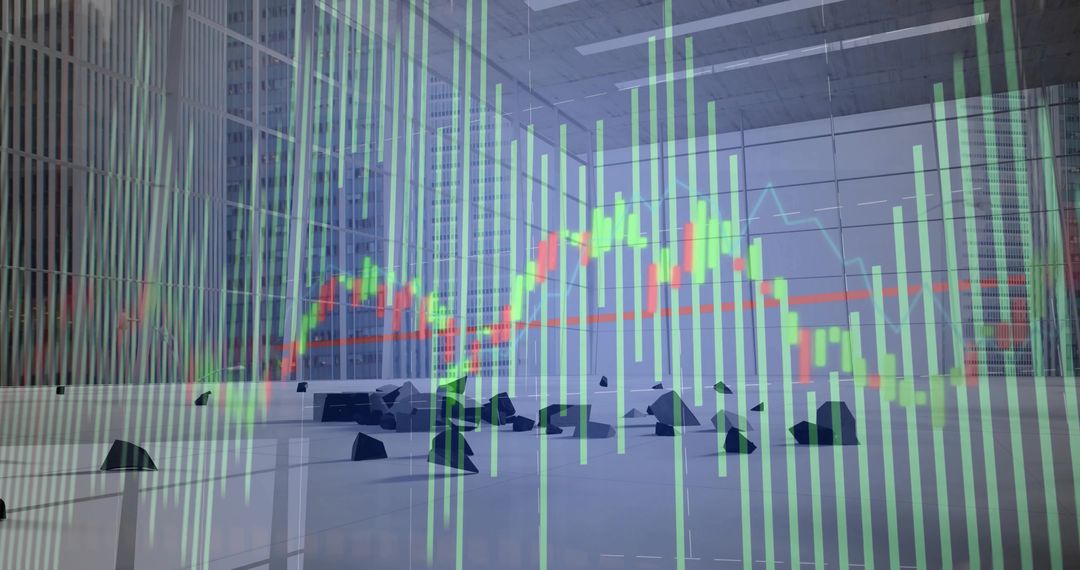 Candlestick stock chart overlaying contemporary glass atrium with minimalist rock sculptures