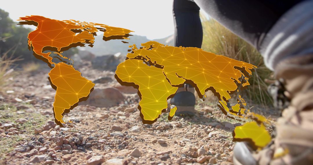 Adventure Hiking with Digital World Map Overlay on Rocky Trail