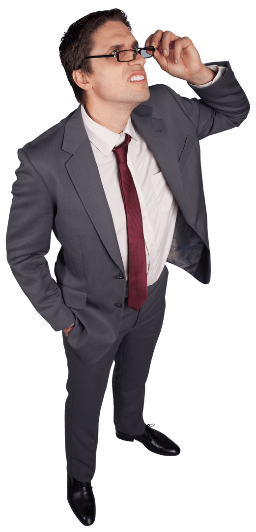 Confident Businessman Adjusting Glasses in Transparent Background