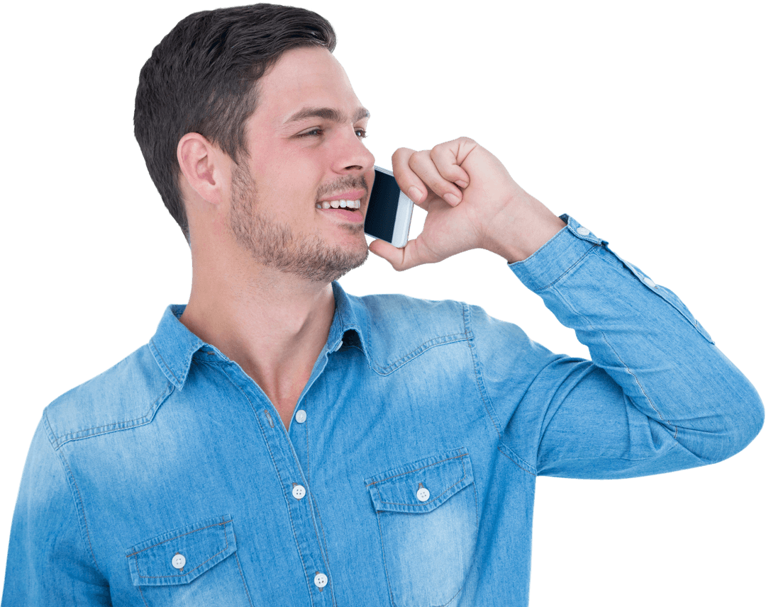 Cheerful Man in Denim Shirt Talking on Transparent Phone