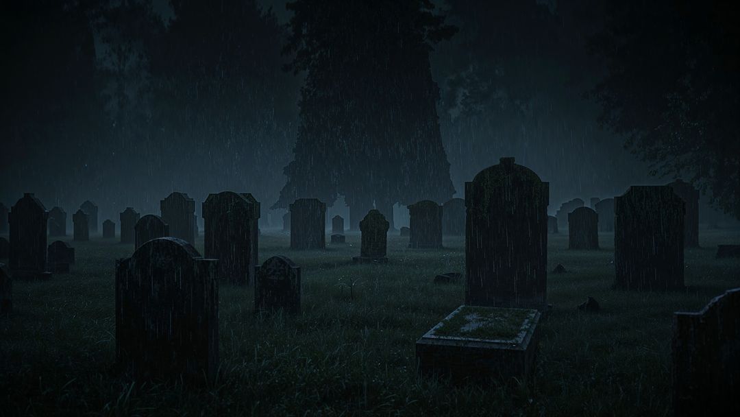 Moody Nighttime Cemetery with Wet Gravestones and Silhouetted Trees