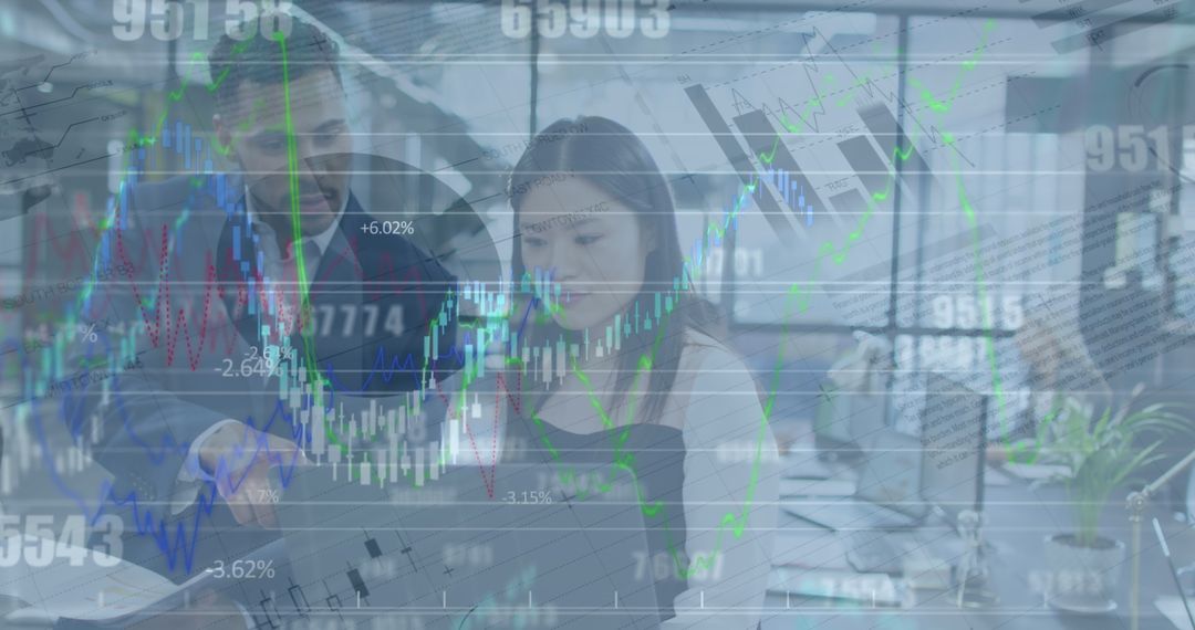 Business Professionals Analyzing Financial Data Trends Interface