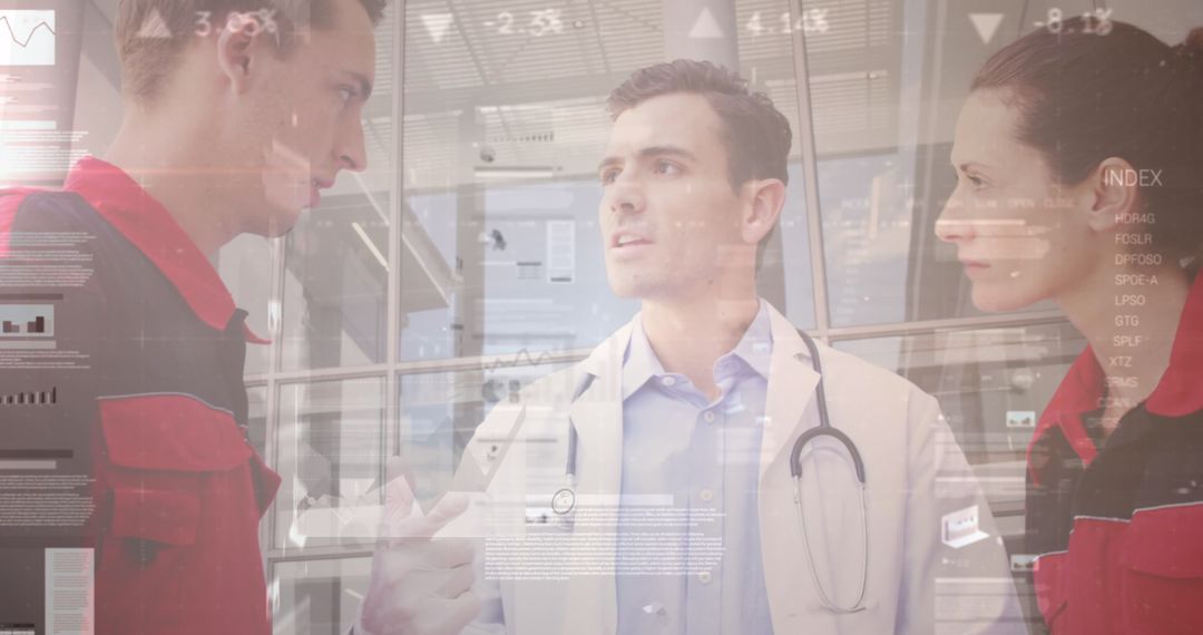 Diverse Doctors Discussing with Digital Data Interface Overlay