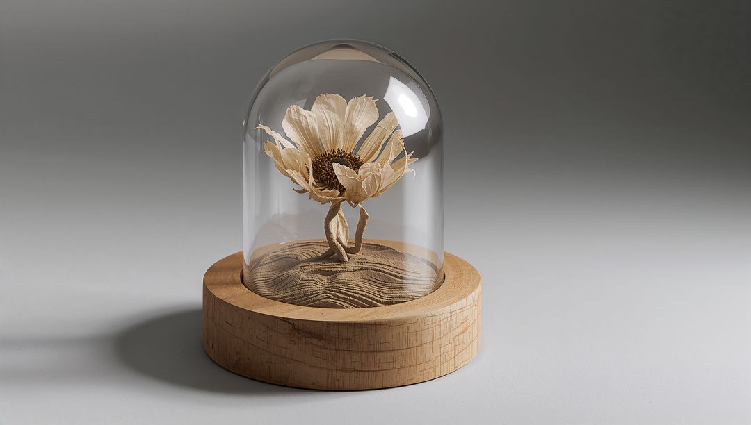 Delicate Preserved Flower Under Glass Dome with Wooden Base