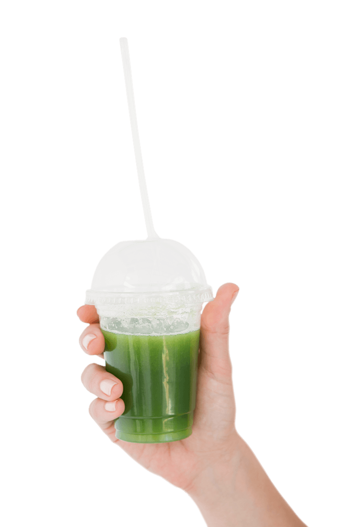 Hand Holding Green Juice with Transparent Lid and Straw