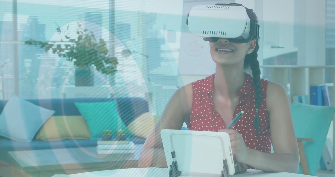 Woman Experiencing Virtual Reality Innovation in Modern Workspace