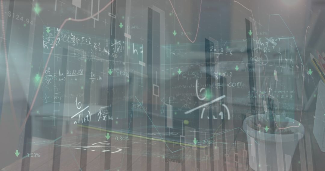 Mathematical Formulas Overlaying Laptop with Upward Graph