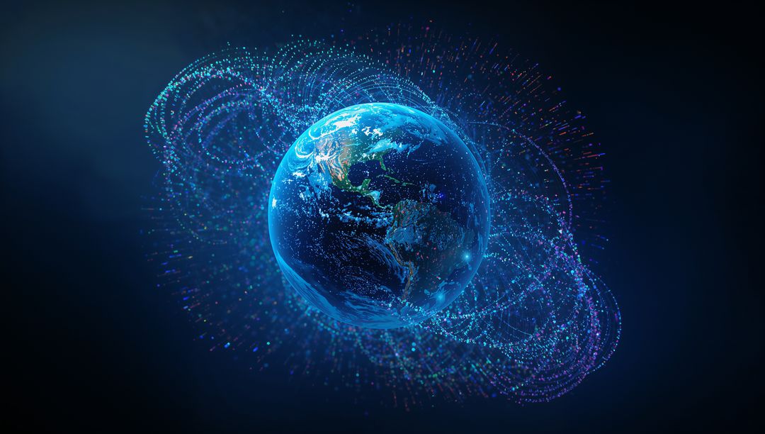 Rotating Earth Globe with Digital Particle Rings, Connected Nodes and Futuristic Data Orbit