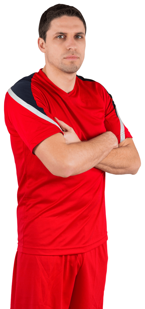 Confident Football Player in Red Uniform Standing Transparent Background