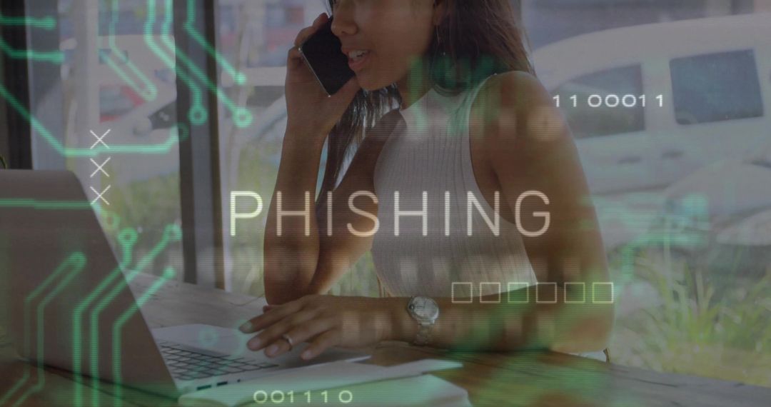 Remote Worker on Phone Typing on Laptop at Cafe with Phishing Warning and Circuit Graphics