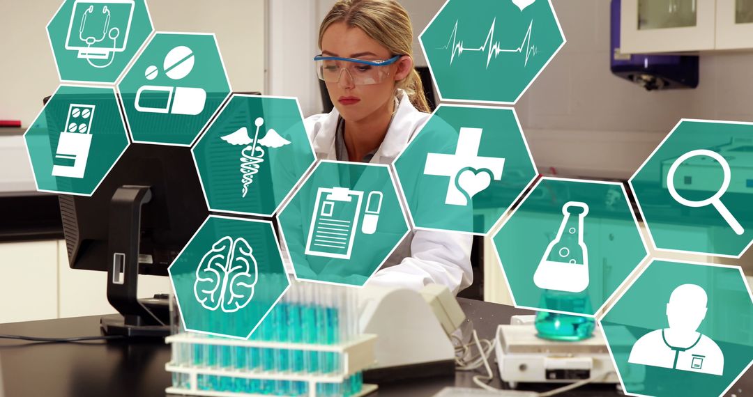 Female Scientist Analyzing Medical Data with Digital Icons Overlay