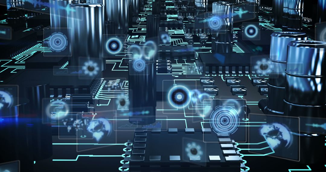 Futuristic Digital Circuit Board with Data and Scope Elements