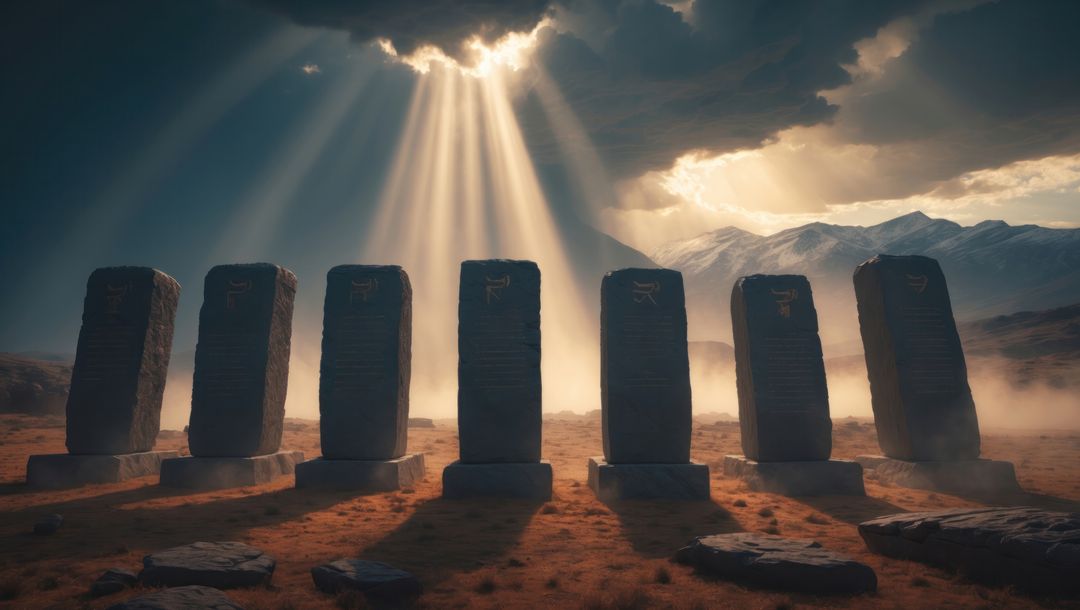 Majestic monoliths in desert landscape with dramatic sunbeams, ten commandments concept