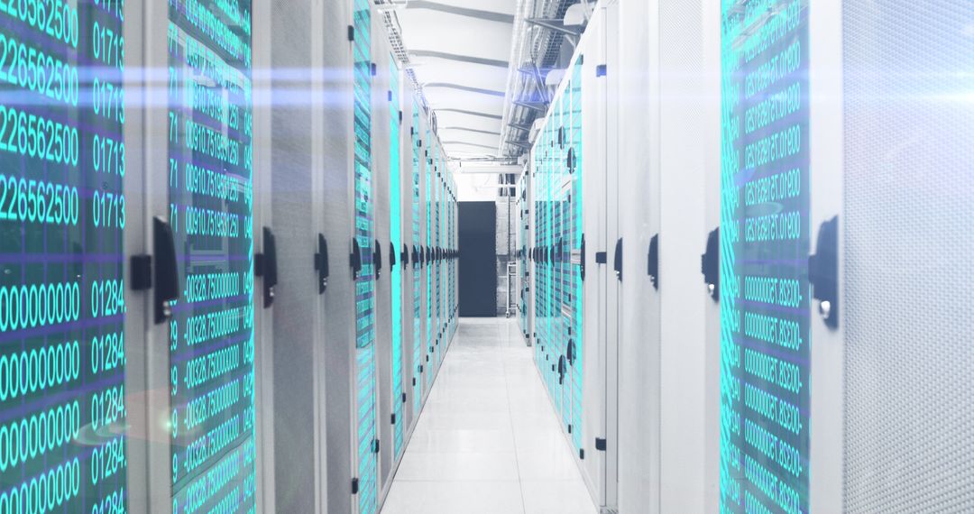 Digital Data Flowing Through High-Tech Server Room