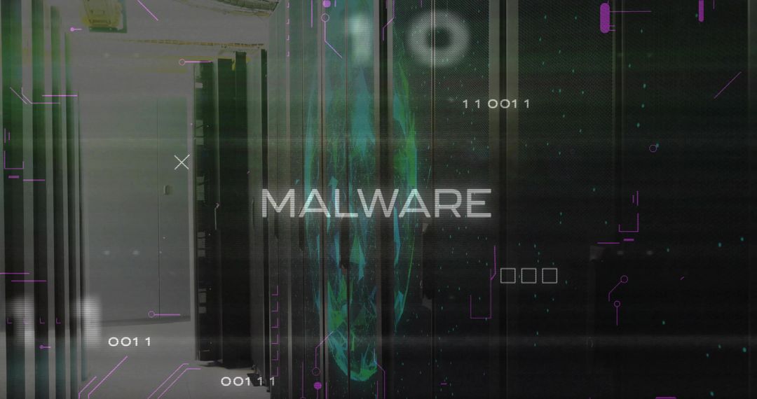 Glowing Malware Hologram Teal Skull Hovering Over Server Rack Cybersecurity Threat Alert