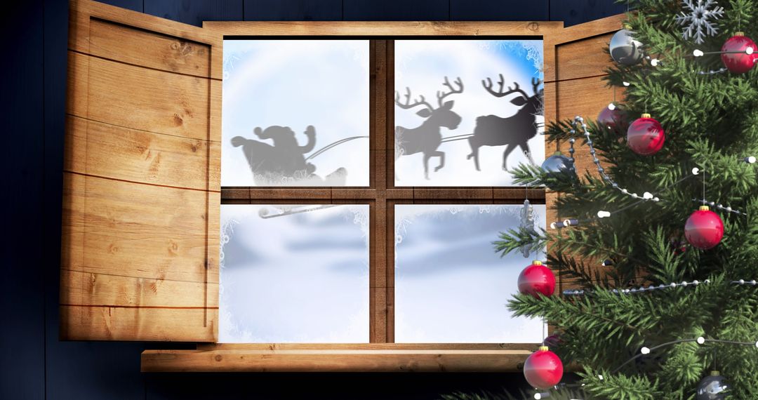 Santa Claus Sleigh with Reindeer Seen Through Frosty Window