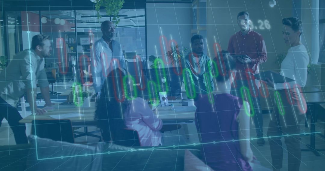 Business Team Analyzing Financial Markets with Data Overlay