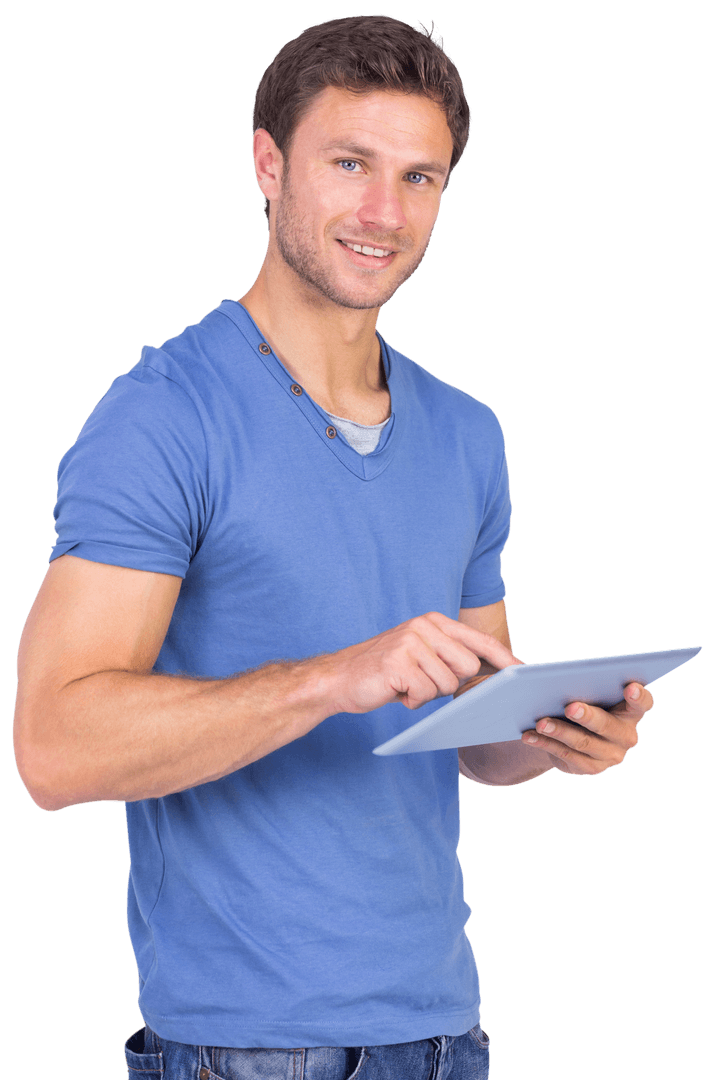 Man Scrolling Tablet in Casual Blue Shirt, Transparent Background
