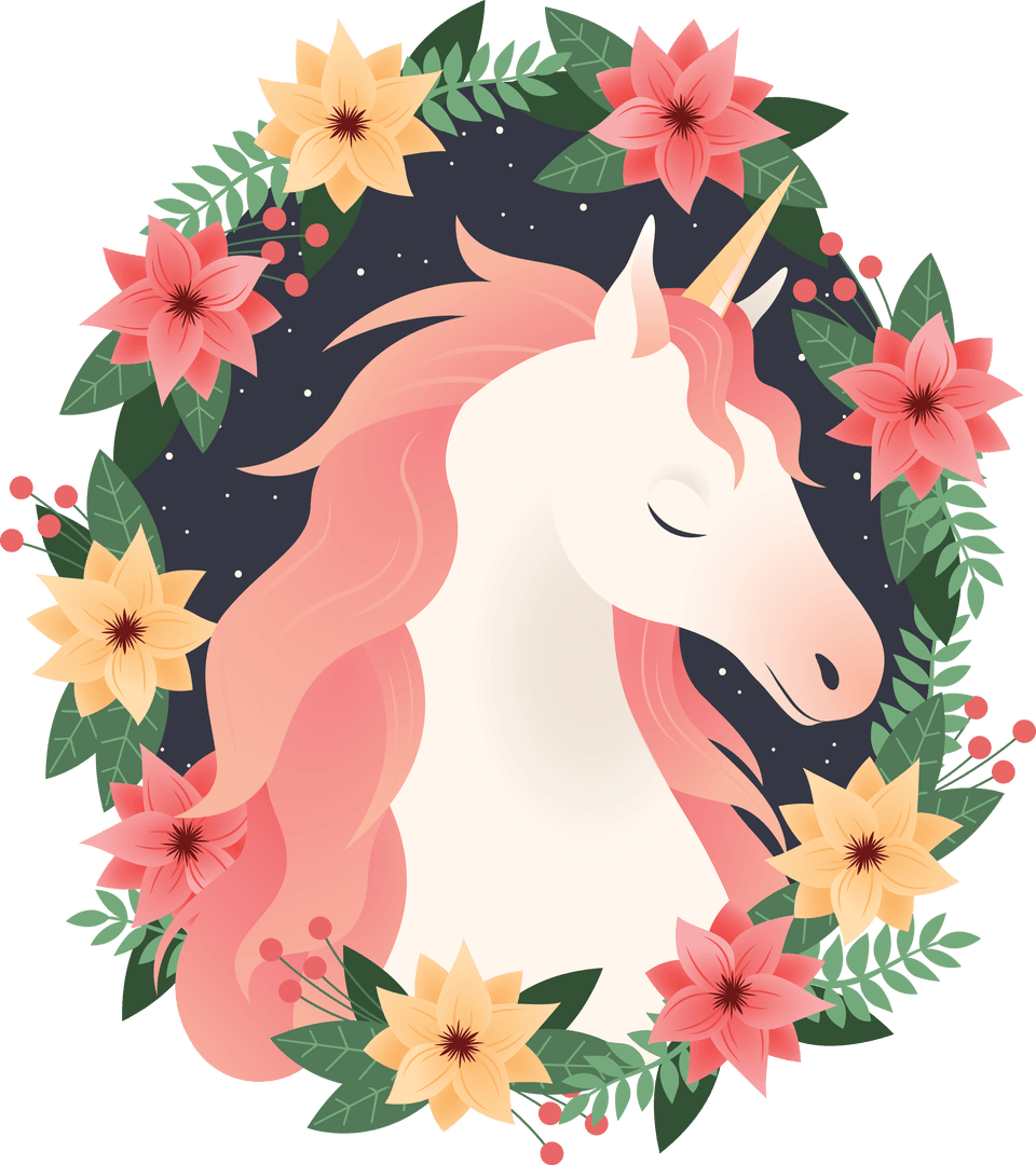 Transparent Unicorn with Floral Frame on Stardust Background