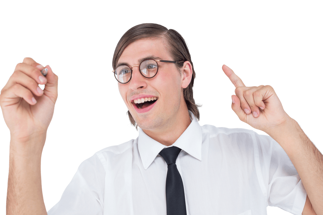 Transparent Geeky Businessman Writing with Enthusiasm