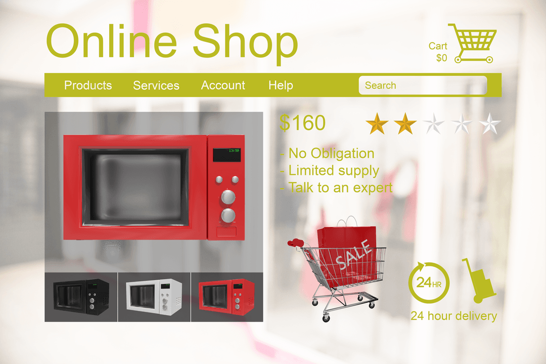 Transparent Online Shopping Page Displaying Red Microwave