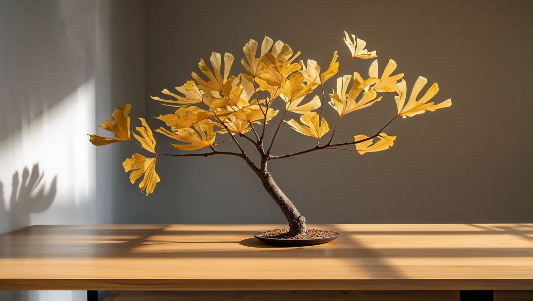 Yellow-laden ginkgo-inspired bonsai tree with dramatic shadows in minimalist interior
