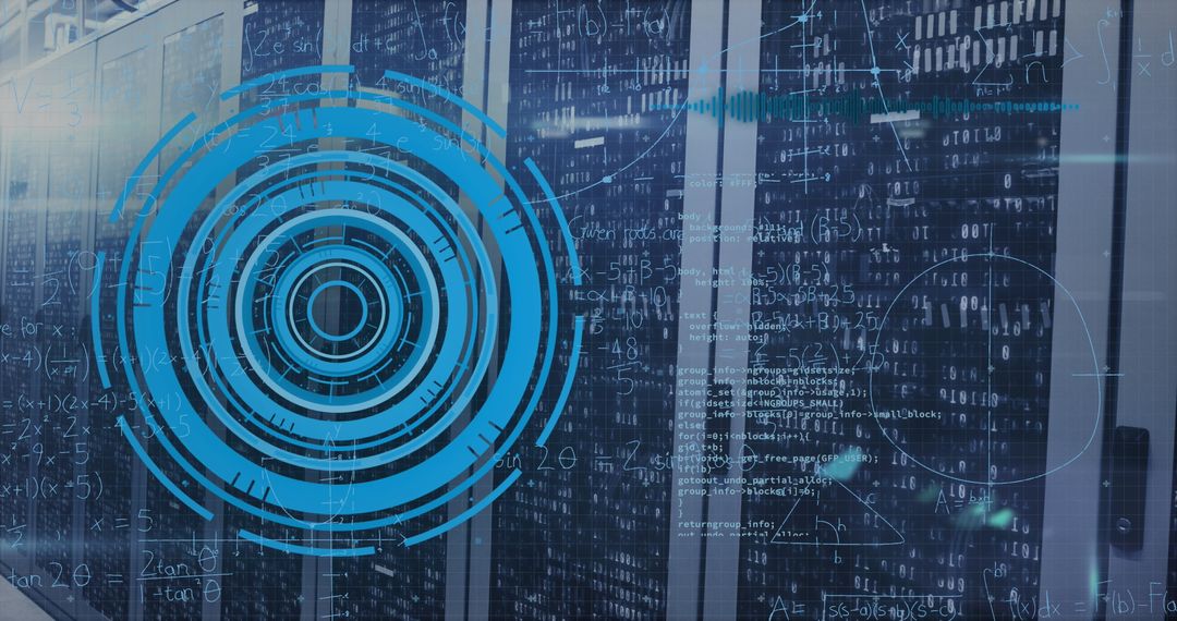 Futuristic Digital Overlay on Data Center Servers