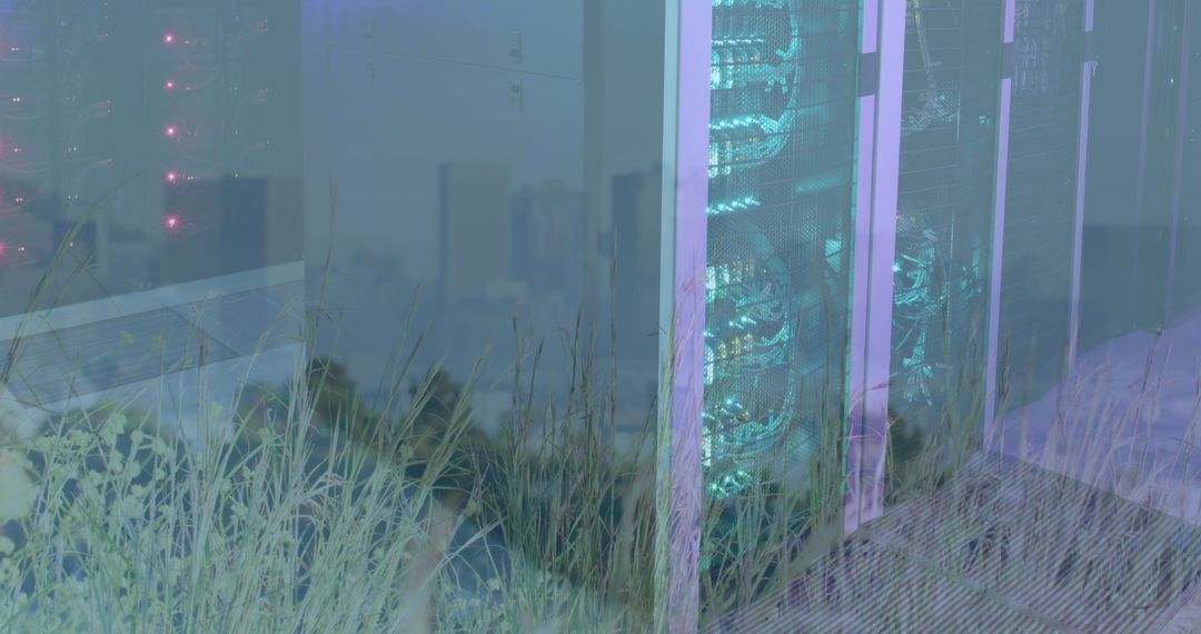 Futuristic Cityscape with Data Servers and Digital Interface Fusion