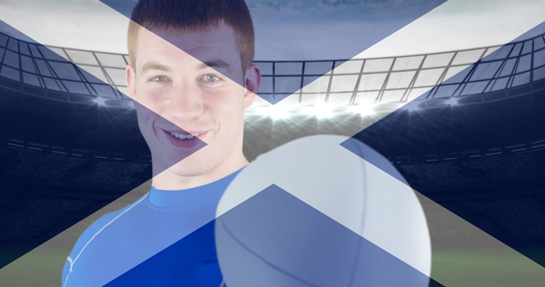 Scottish Rugby Player Smiling in Stadium Overlaid with Flag of Scotland