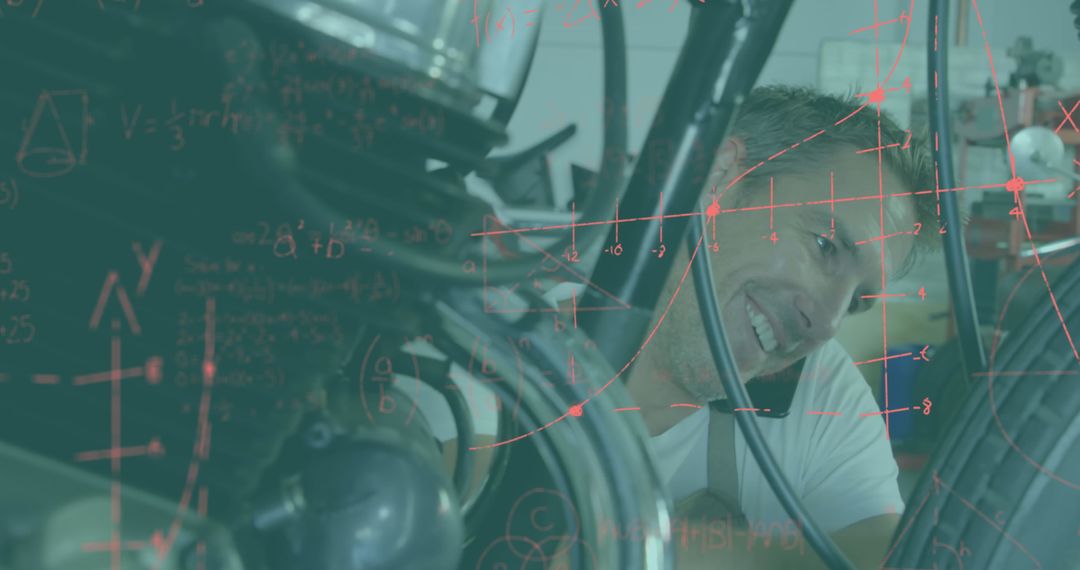 Mechanic Fixing Bike Surrounded by Mathematical Equations