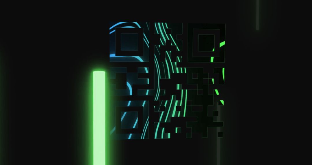 Neon QR Code with Digital Geometric Patterns on Dark Background