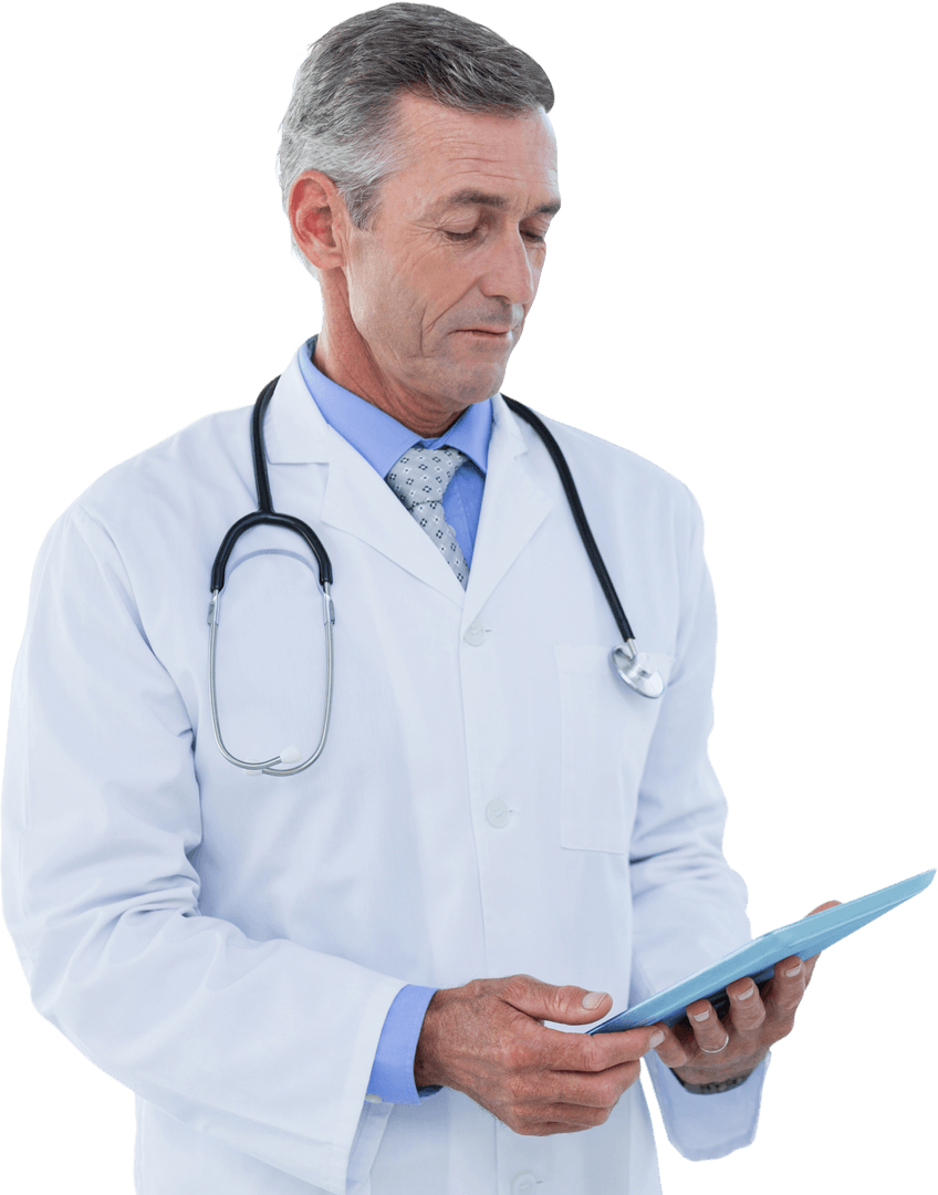 Transparent Background Senior Doctor Using Tablet for Telemedicine