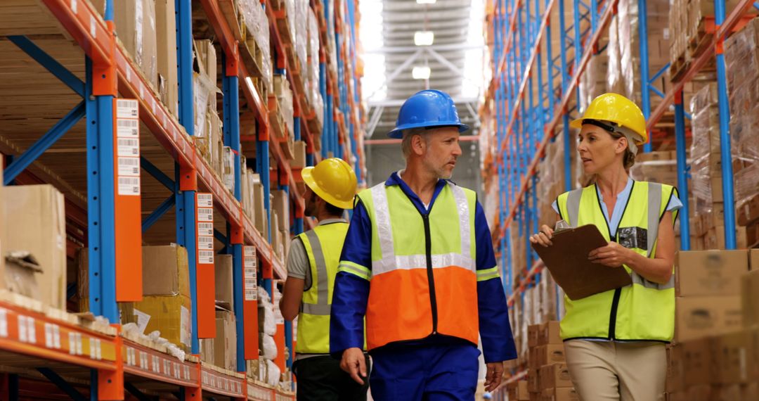 Warehouse Workers Wearing Safety Gear Walking Along Aisles - Free Images, Stock Photos and Pictures on Pikwizard.com