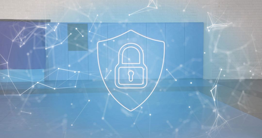 Holographic Shield Lock Projected Over Conference Stage with Digital Network Nodes